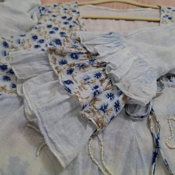 Boho Peasant Dress Beachy Ruffles Size L Beaded Empire Waist ¾ Riffled Sleeves - Picture 8 of 12